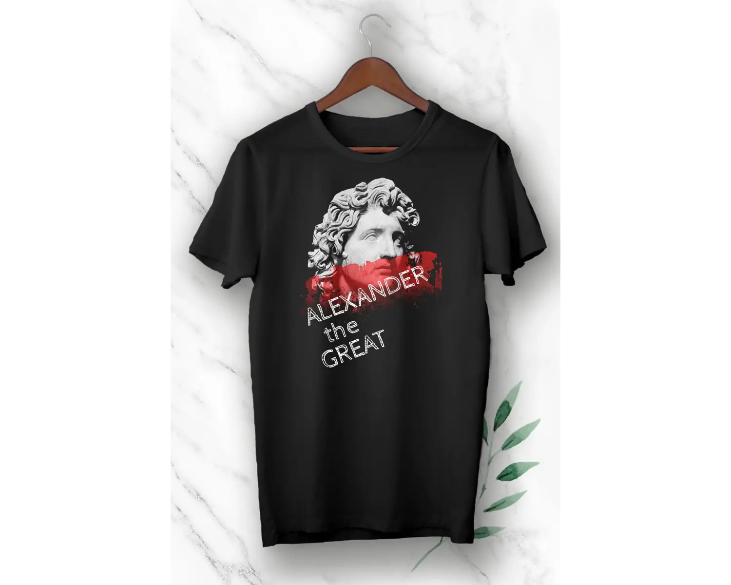 Unisex Siyah Mitoloji Büyük İskender Baskılı T-shirt