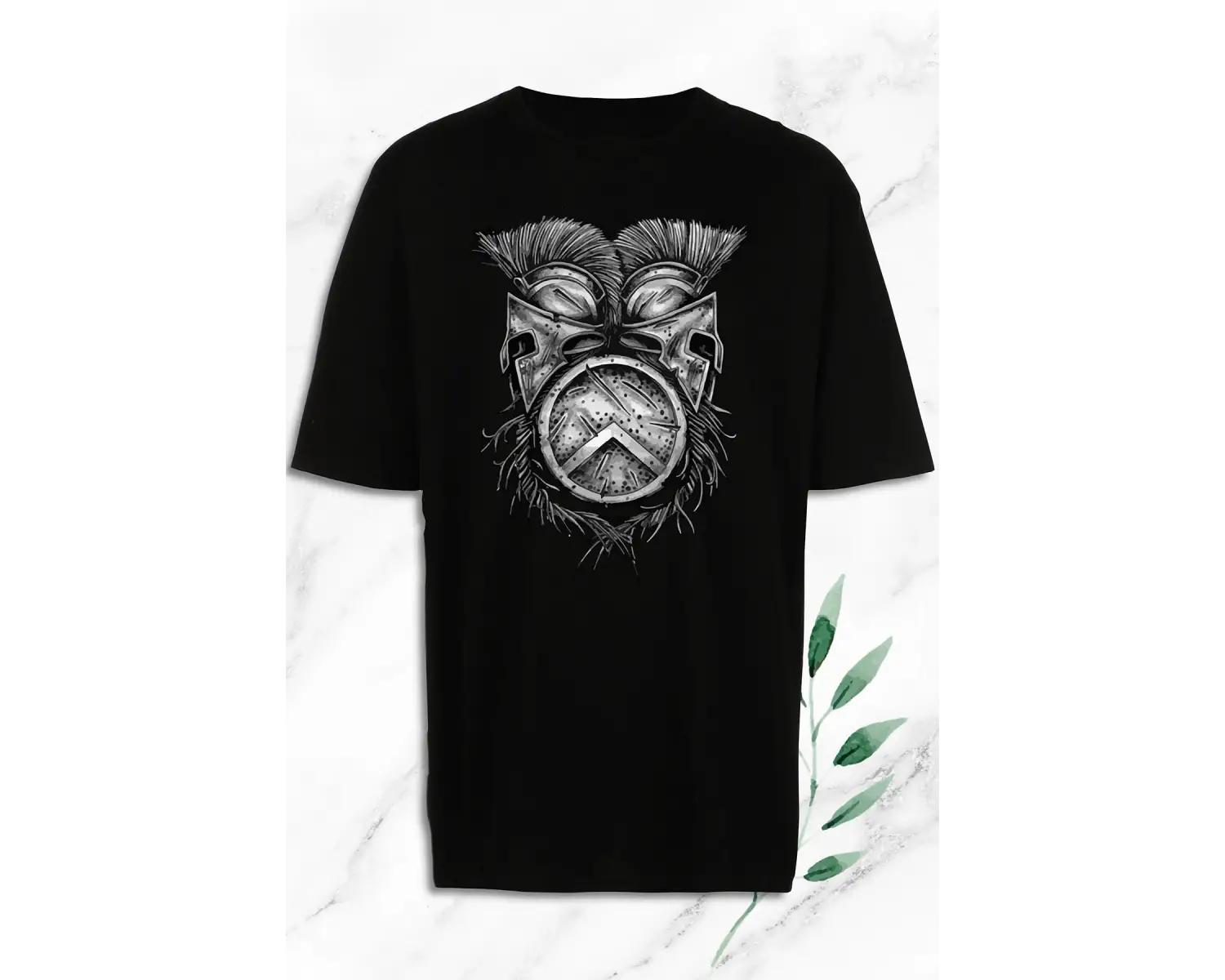 Unisex Siyah Mitoloji Gladyatör Miğfer Baskılı Oversize T-Shirt