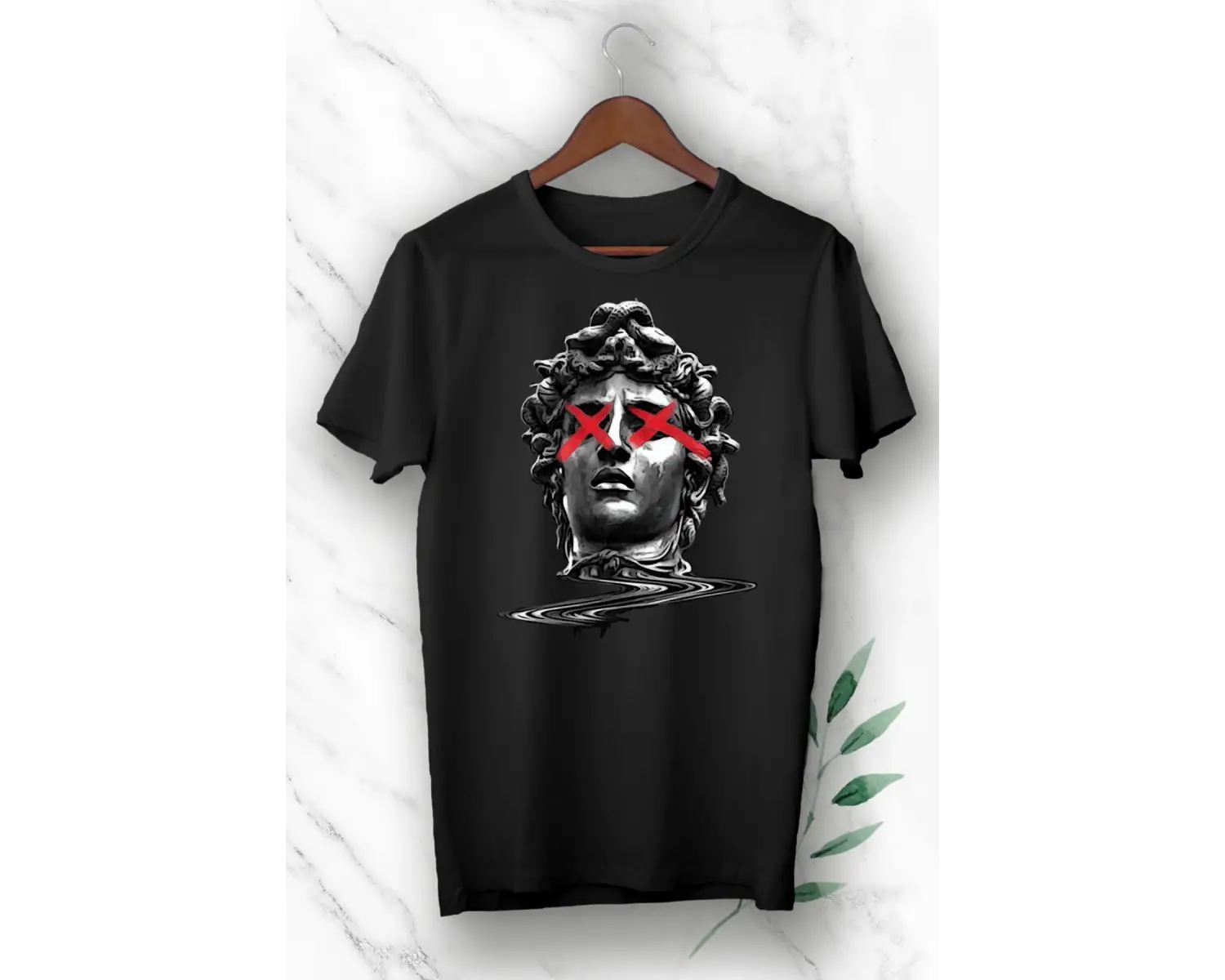 Unisex Siyah Mitoloji Heykel Baskılı T-shirt