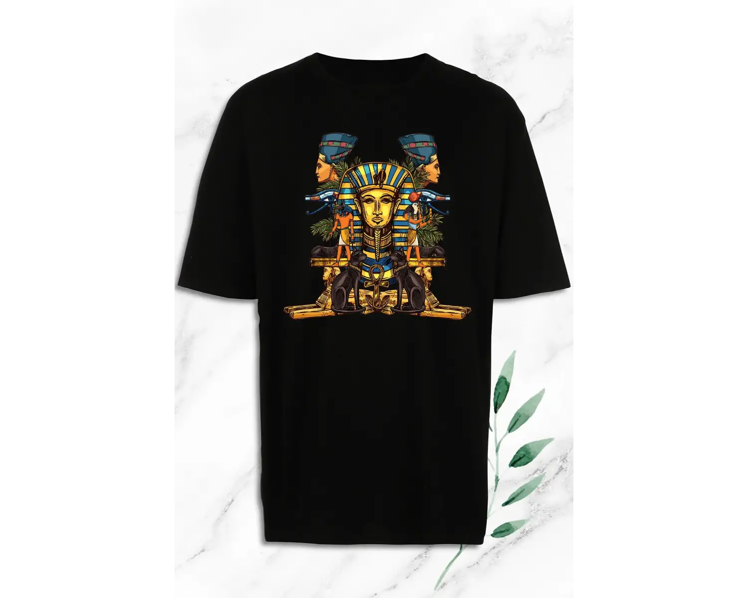 Unisex Siyah Oversize Antik Mısır Egypt Firavun Baskılı Tişört