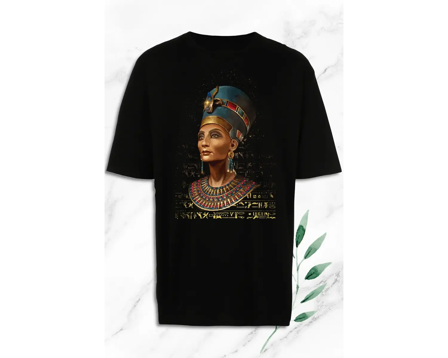 Unisex Siyah Oversize Antik Mısır Kraliçe Nefertiti Heykel Baskılı Tişört