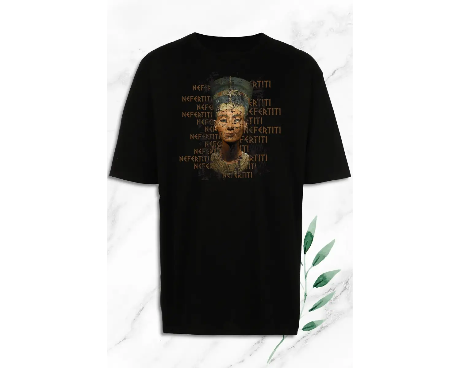 Unisex Siyah Oversize Mitoloji Antik Mısır Kraliçe Nefertiti Baskılı Tişört