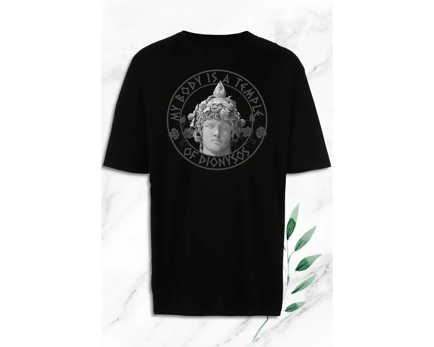 Unisex Siyah Oversize Mitoloji Şarap Tanrısı Dionysos Heykel Baskılı Tişört