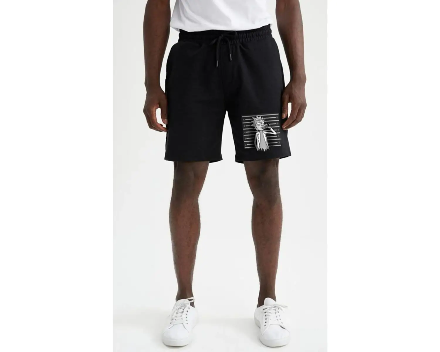 Unisex Siyah Panda Baskılı Cepli Penye Şort