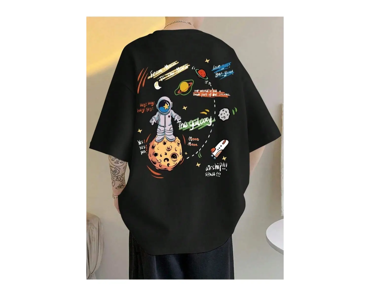 Unisex Siyah The Galaxy Gezegen Baskılı Oversize Bisiklet Yaka Tshirt