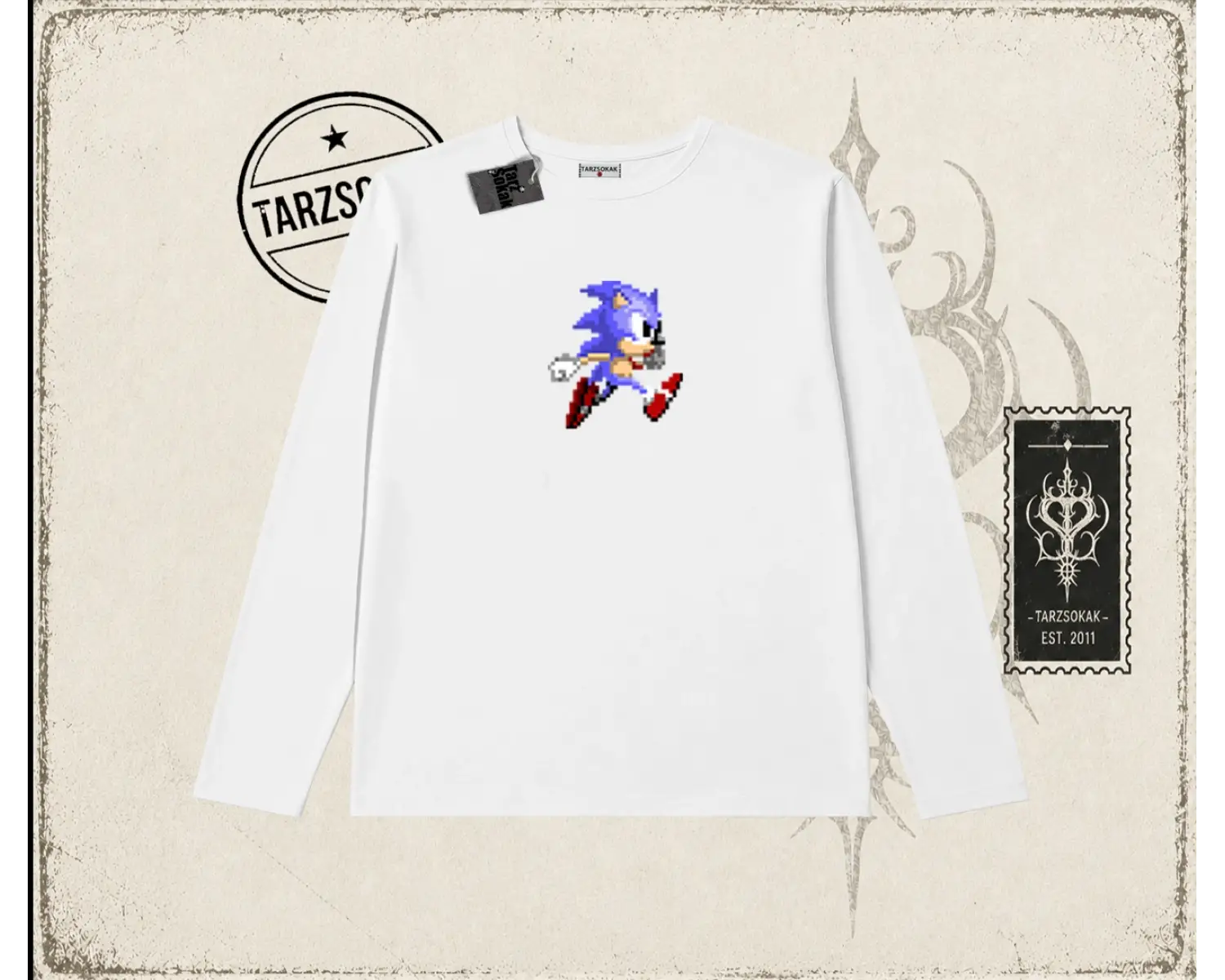 Unisex Sonic The Hedgehog Biskilet Yaka  Long Sleeve Beyaz