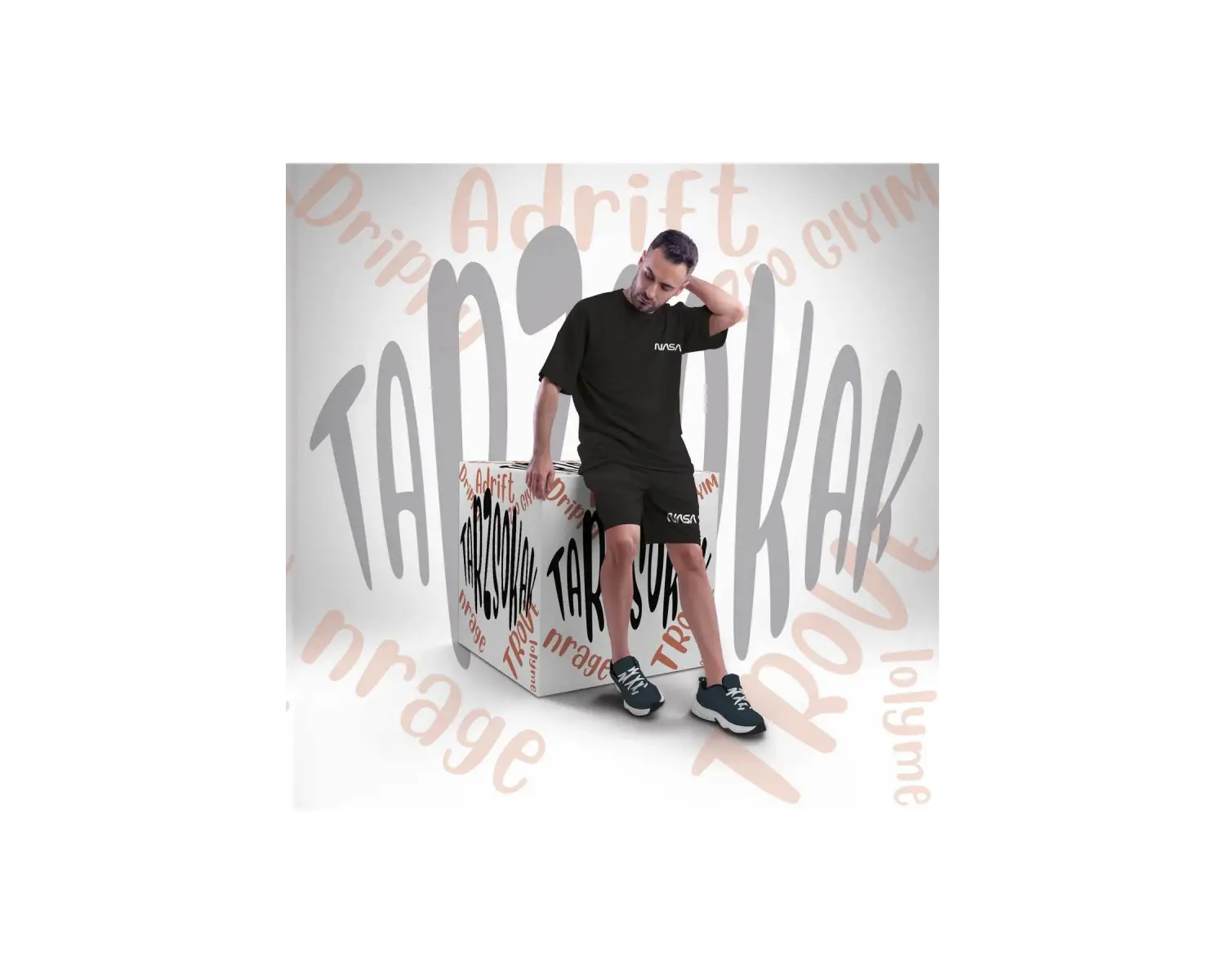 Unisex Şort Takım Dikey Letter Graphic Drawstring Waist