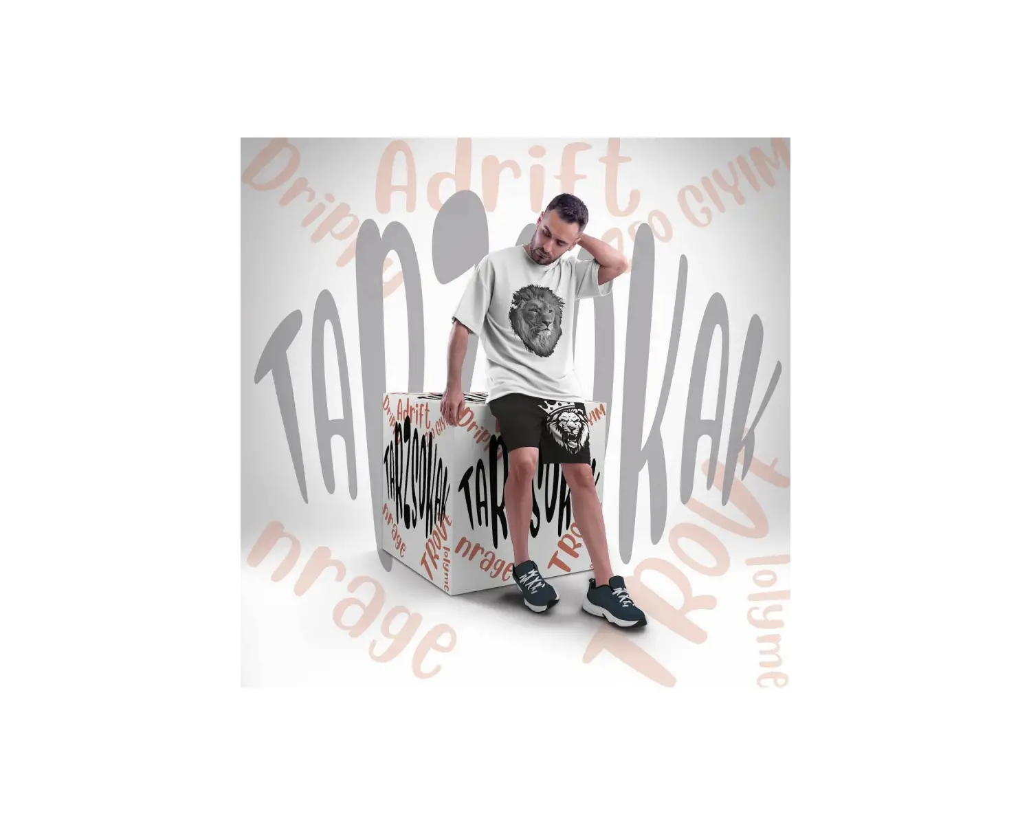 Unisex Şort Takım Leo King Letter Graphic Drawstring Waist