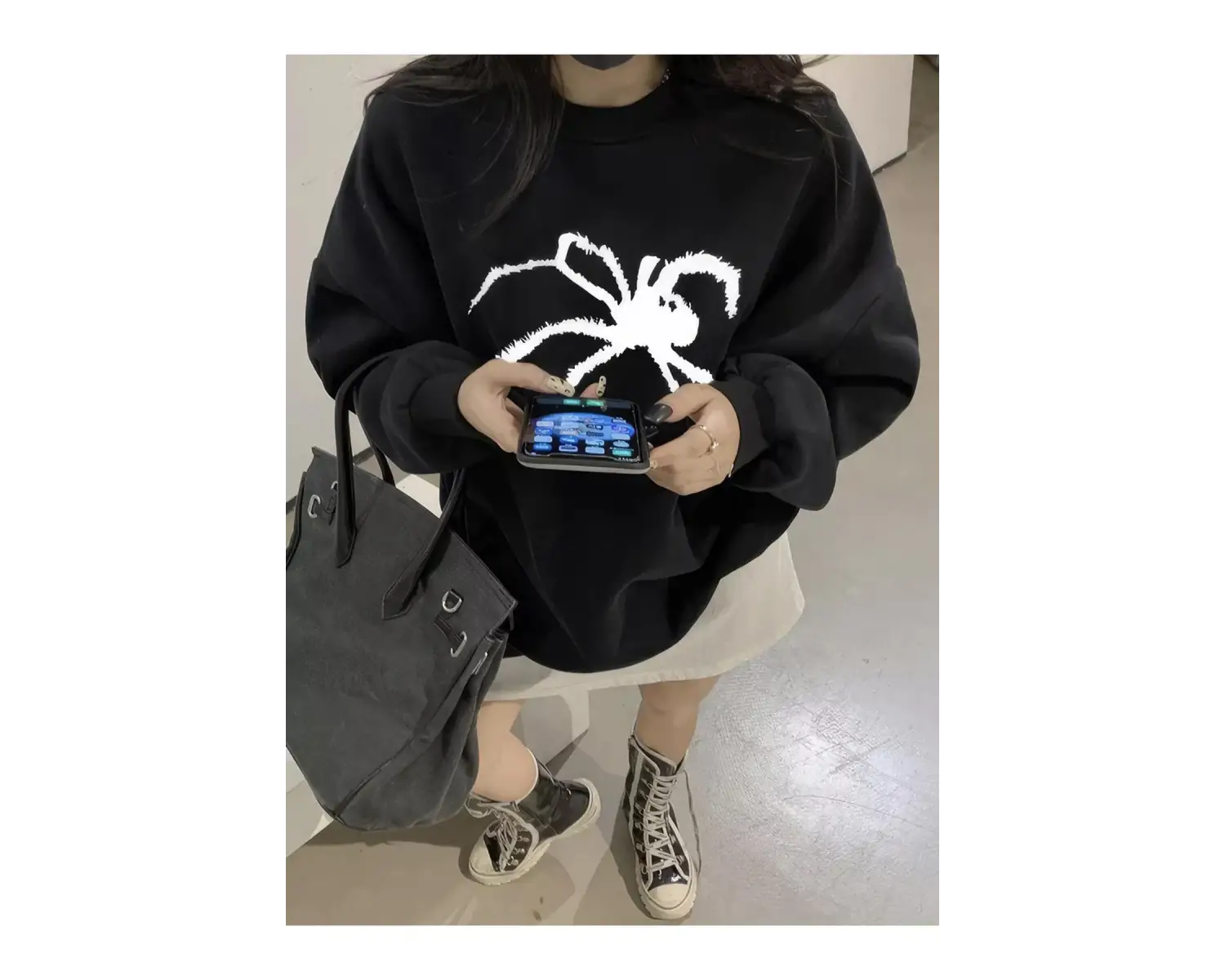 Unisex Spider Bisiklet Yaka Sweatshirt Siyah