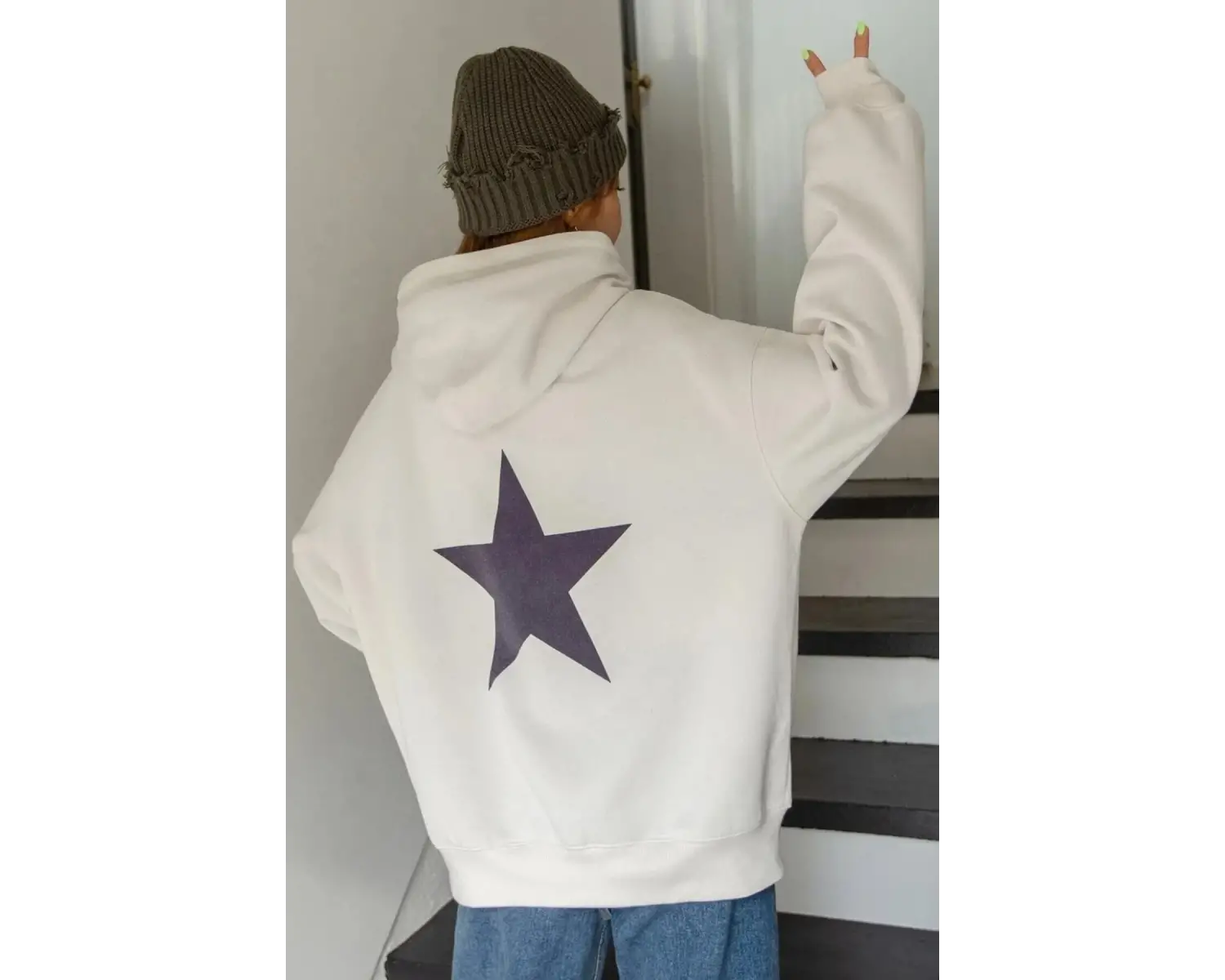 Unisex Star Baskılı Sweatshirt KP-LACI-SIRTYILDIZ Beyaz