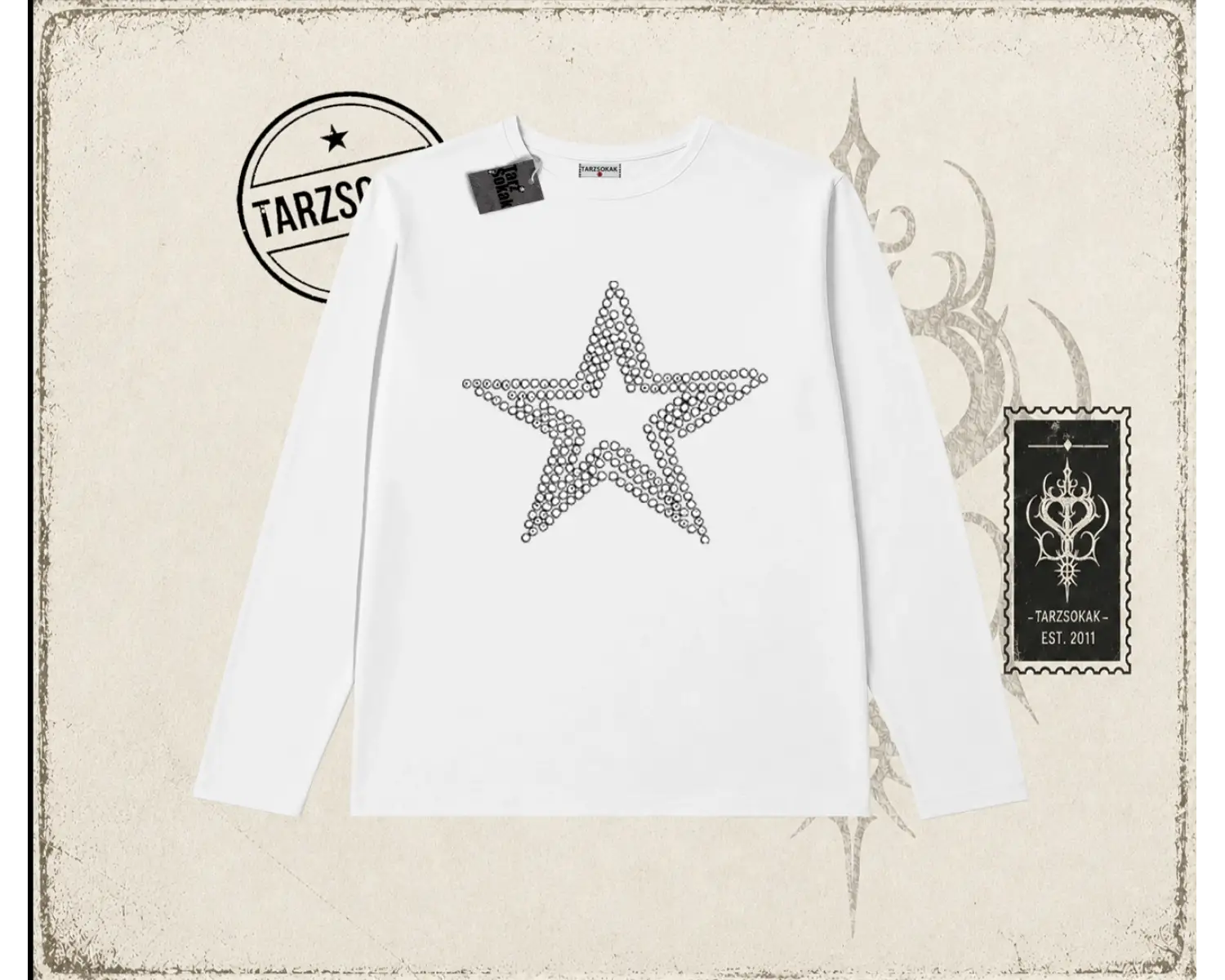 Unisex Star Stroke Biskilet Yaka  Long Sleeve Beyaz