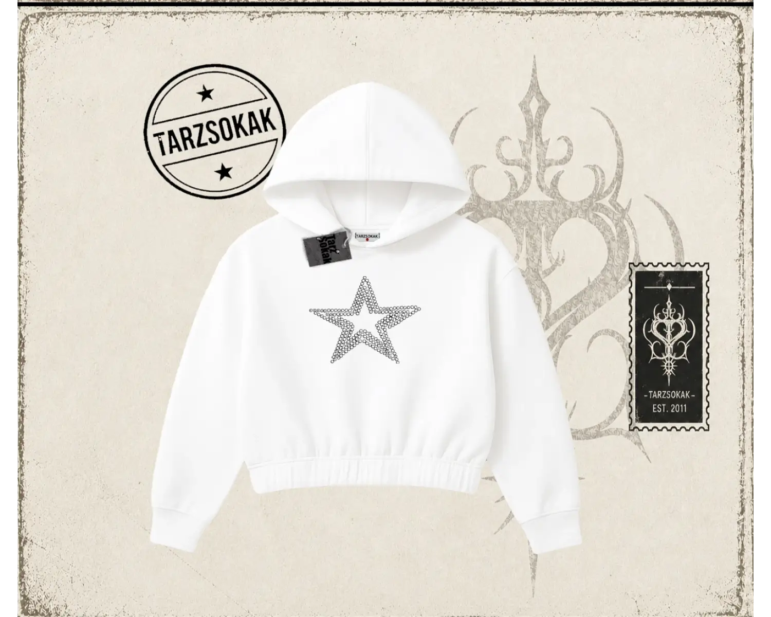 Unisex Star Stroke Kadın Crop Kapşonlu Sweatshirt Beyaz