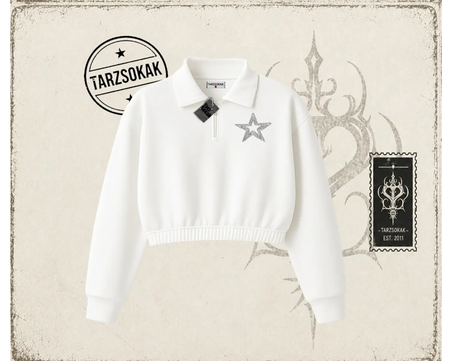 Unisex Star Stroke Kadın Crop Polo Yaka Yarım Fermuarlı Sweatshirt Beyaz