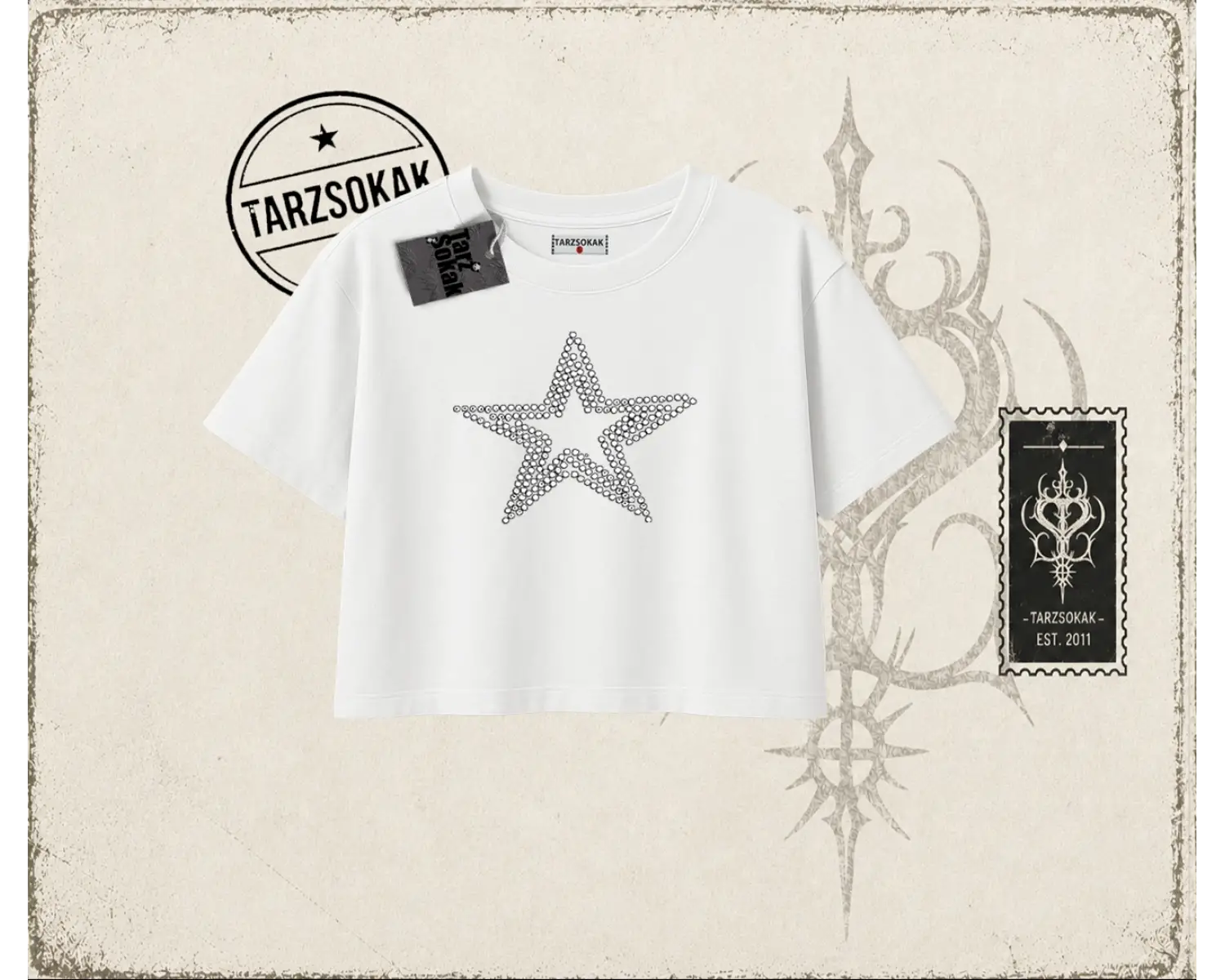 Unisex Star Stroke Kadın Crop Tişört Beyaz