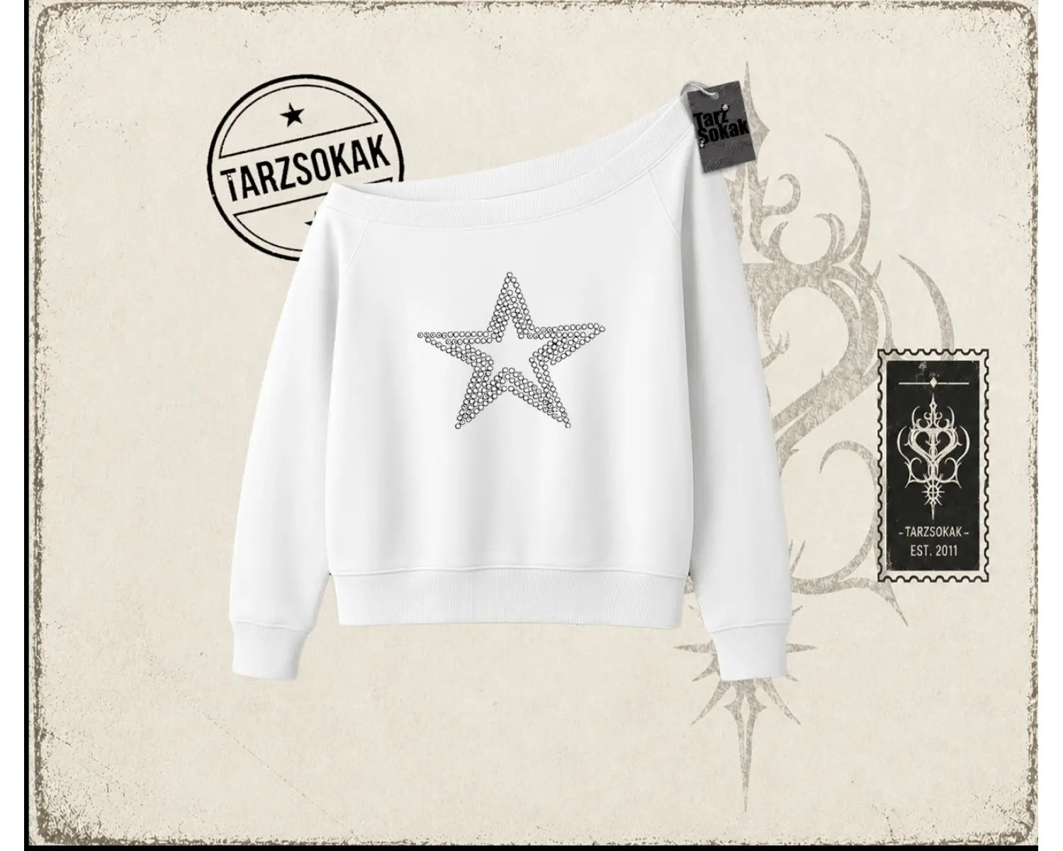 Unisex Star Stroke Kadın Kayık Yaka Sweatshirt Beyaz