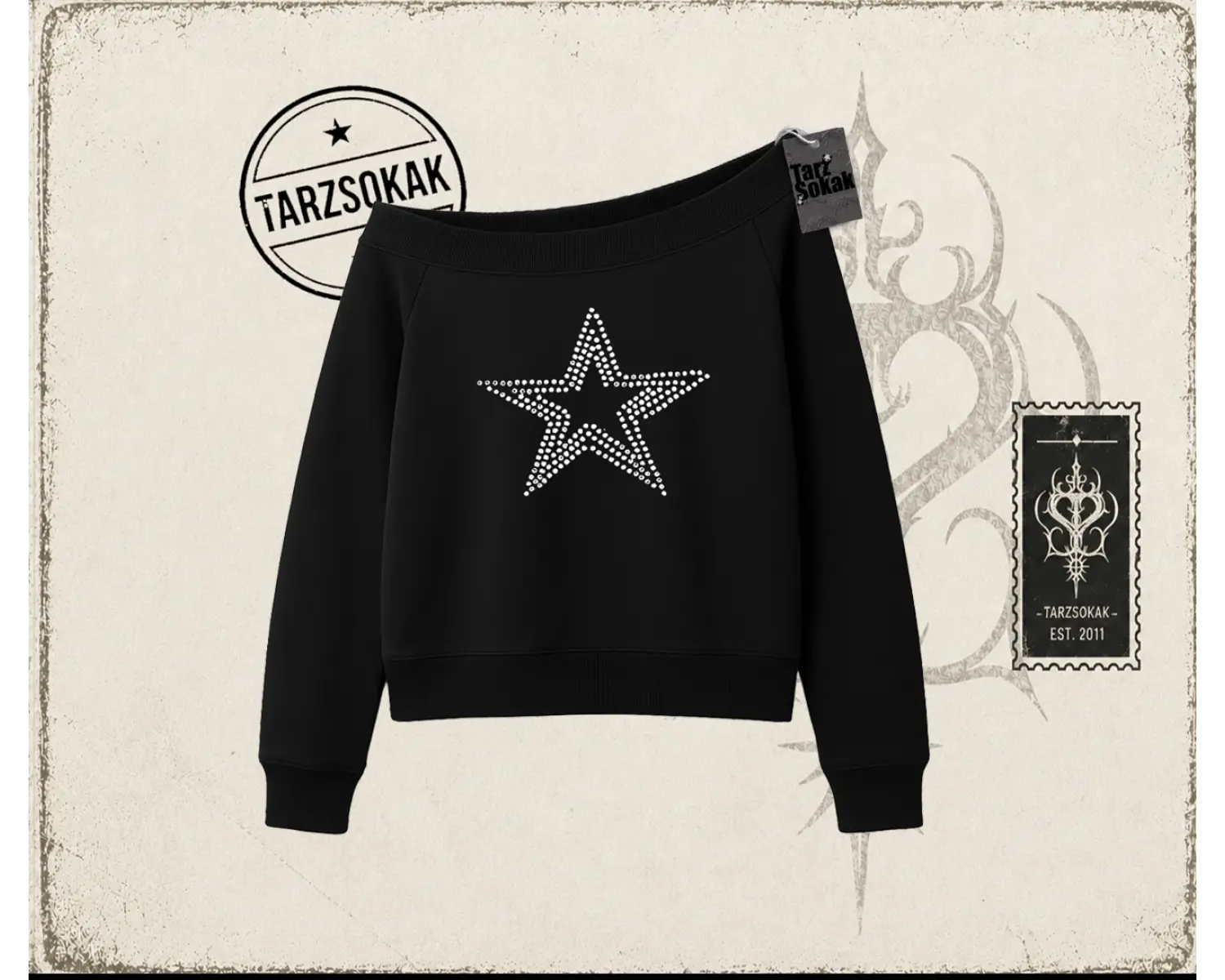 Unisex Star Stroke Kadın Kayık Yaka Sweatshirt Beyaz