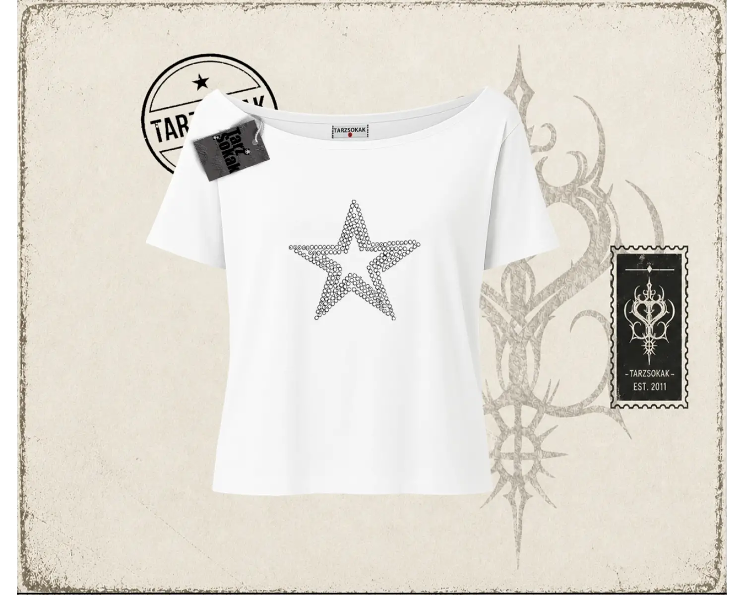 Unisex Star Stroke Kadın Kayık Yaka Tişört Beyaz