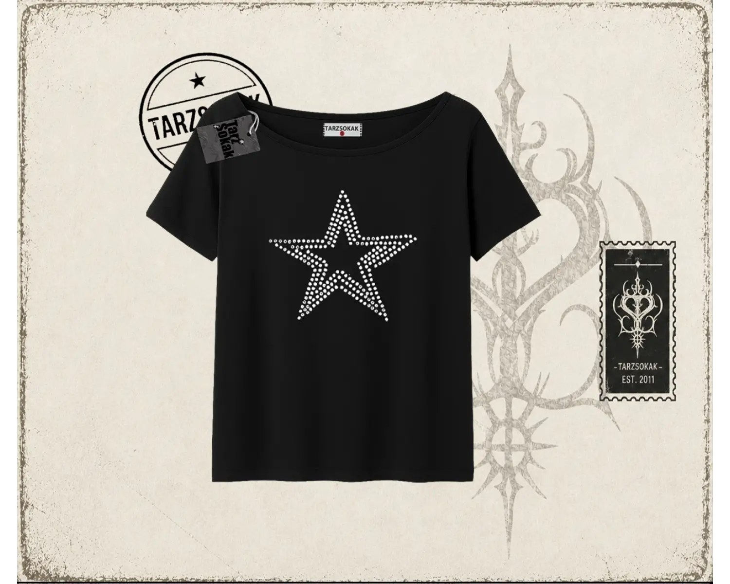 Unisex Star Stroke Kadın Kayık Yaka Tişört Beyaz