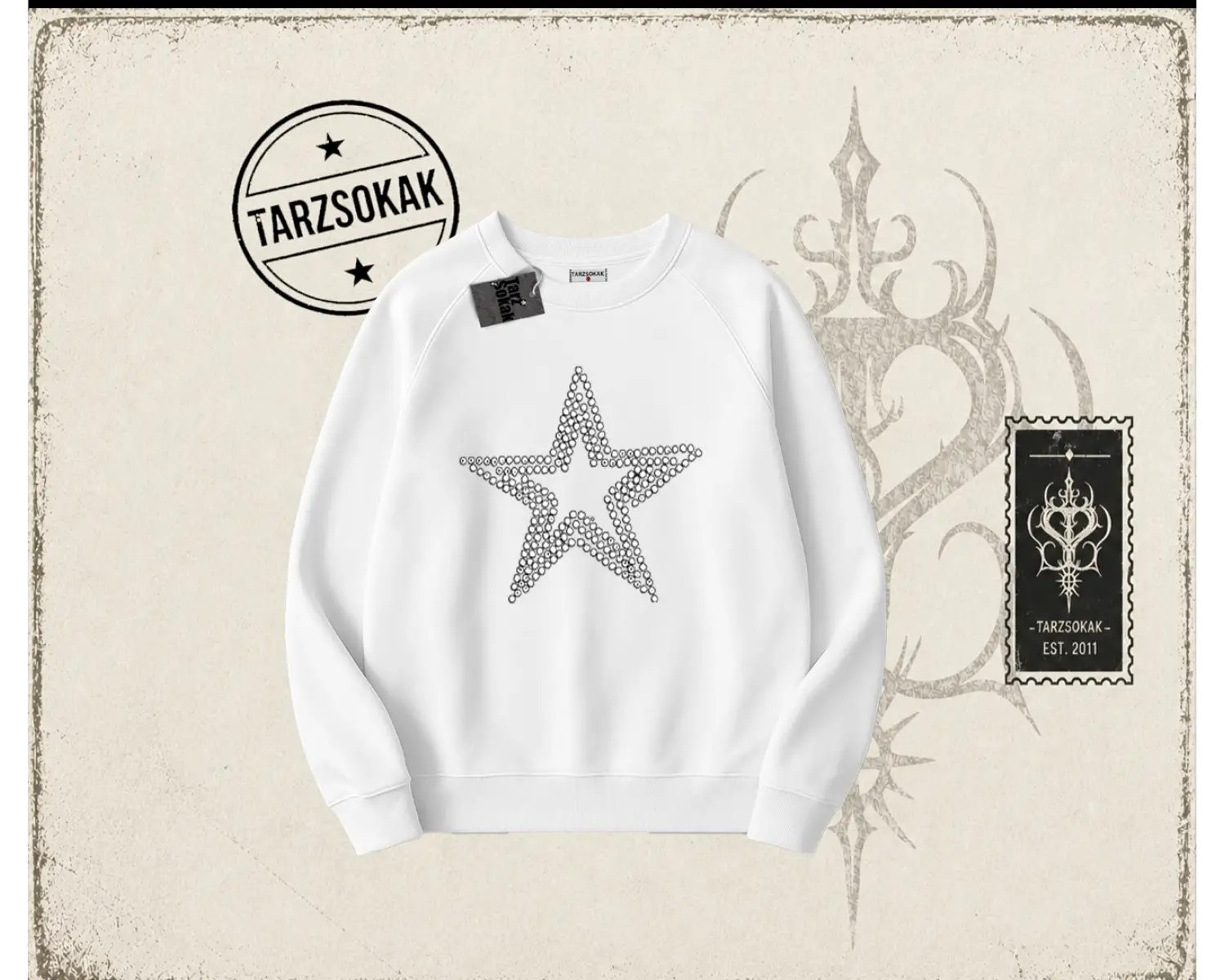 Unisex Star Stroke Oversize Unisex Bisiklet Yaka Sweatshirt Beyaz