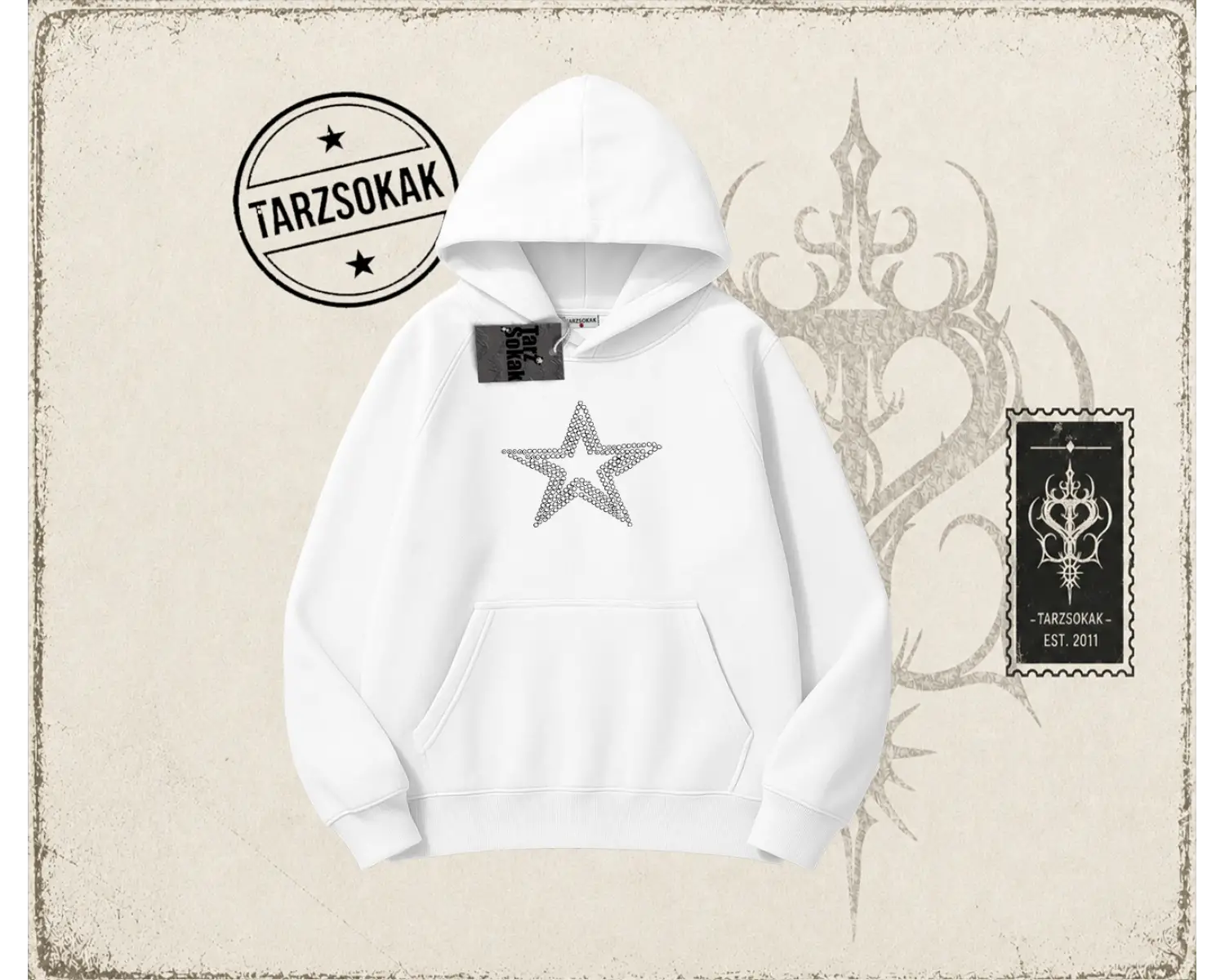 Unisex Star Stroke Oversize Unisex Kapşonlu Sweatshirt Beyaz