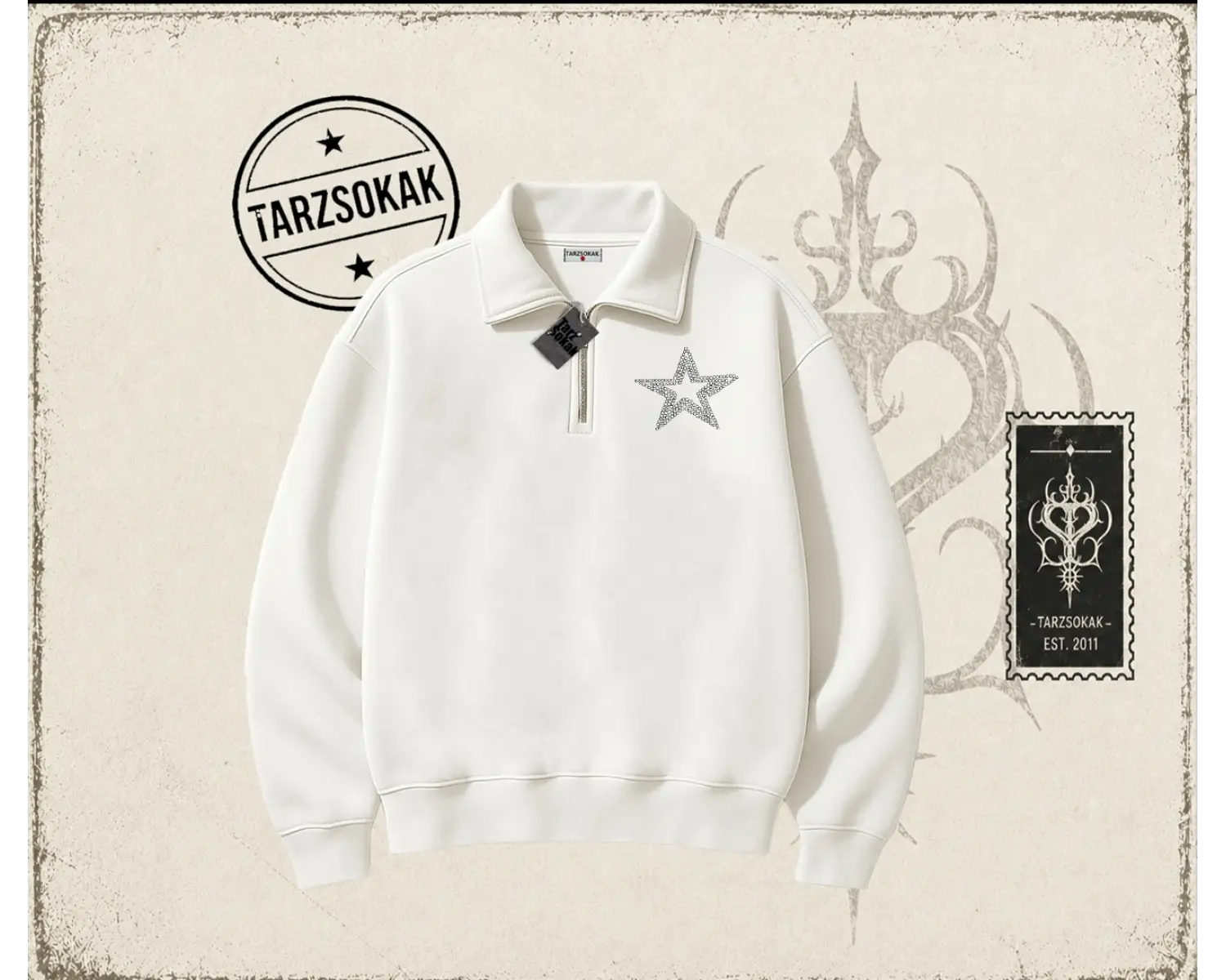 Unisex Star Stroke Unisex Polo Yaka Yarım Fermuarlı Sweatshirt Beyaz