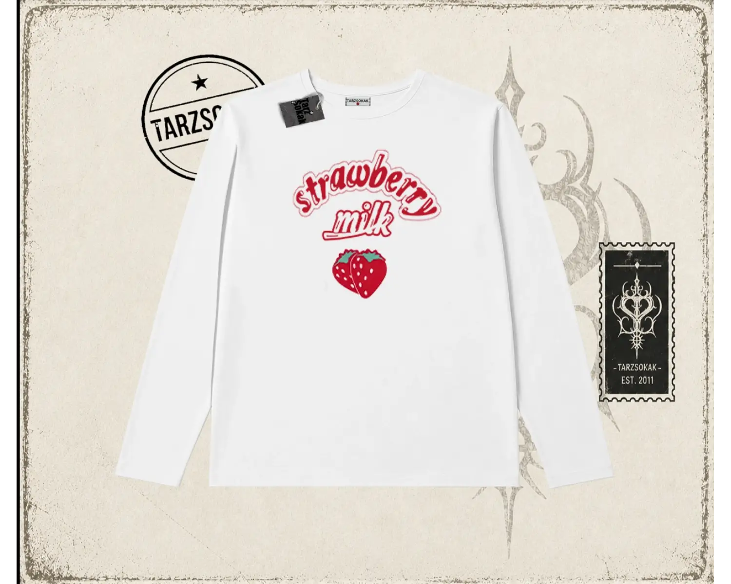 Unisex Strawberry Milk Biskilet Yaka  Long Sleeve Beyaz