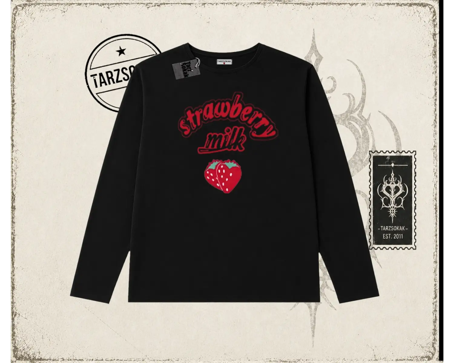 Unisex Strawberry Milk Biskilet Yaka  Long Sleeve Beyaz