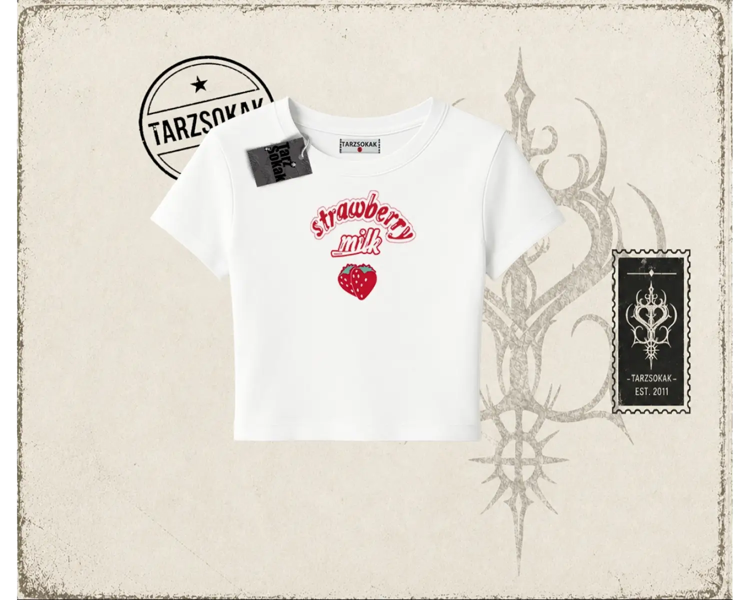 Unisex Strawberry Milk Kadın Baby Tee Beyaz