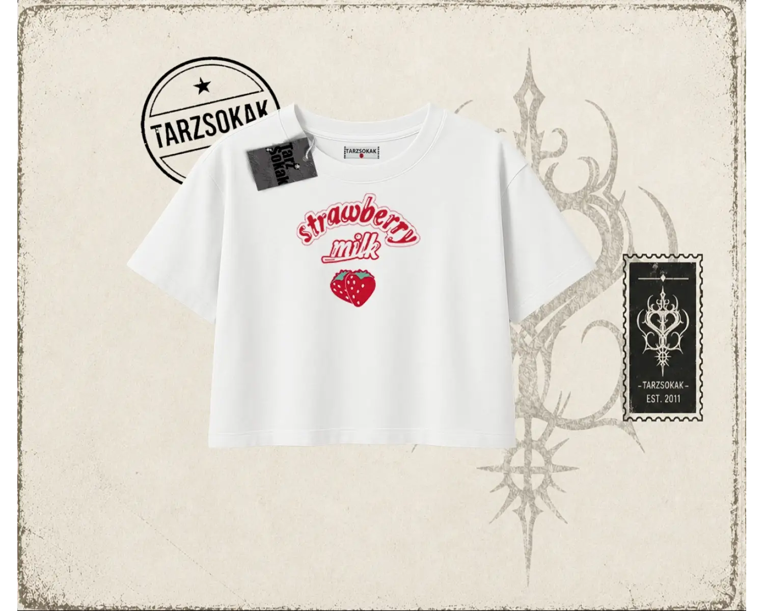 Unisex Strawberry Milk Kadın Crop Tişört Beyaz