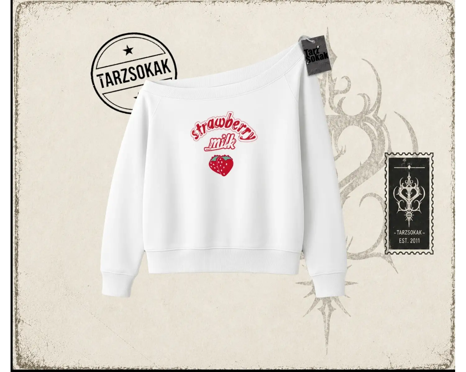 Unisex Strawberry Milk Kadın Kayık Yaka Sweatshirt Beyaz