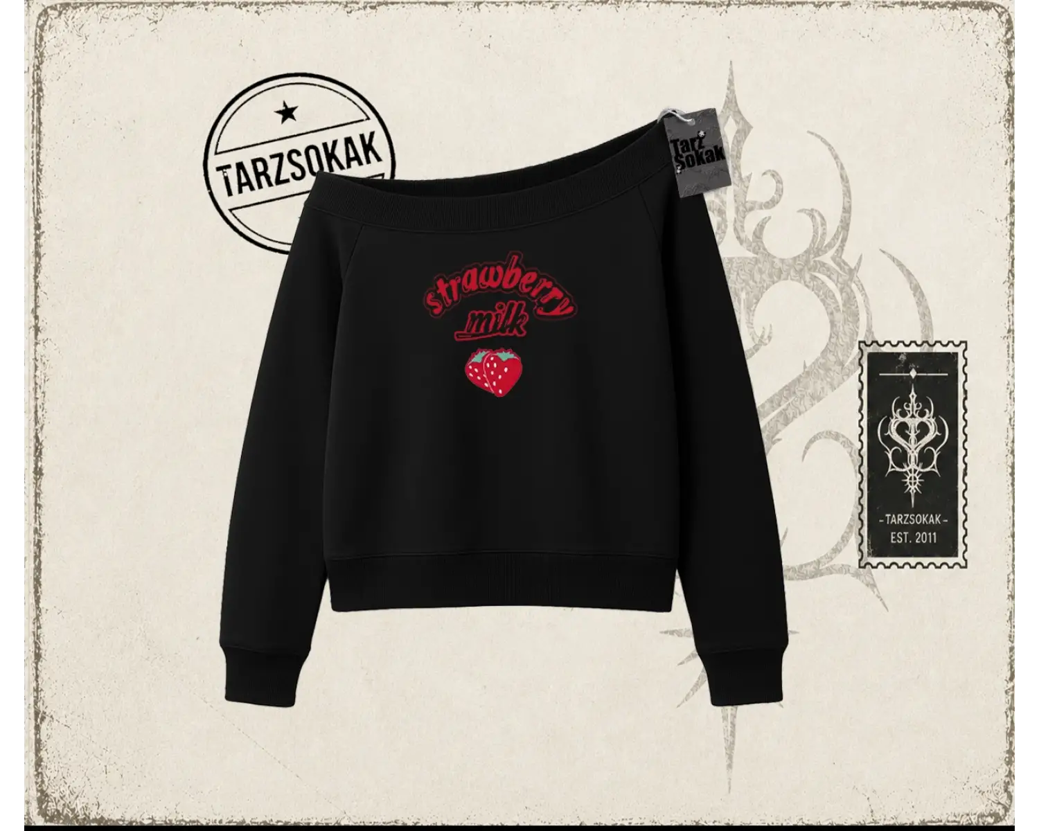 Unisex Strawberry Milk Kadın Kayık Yaka Sweatshirt Beyaz