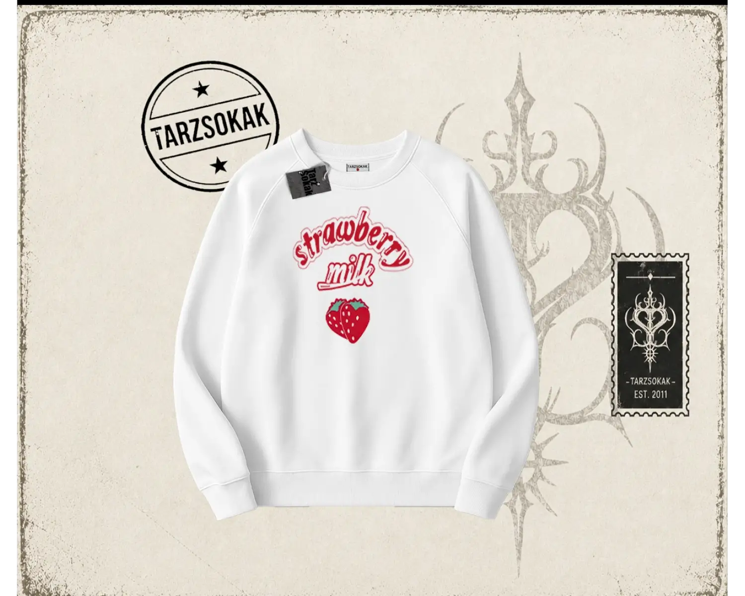 Unisex Strawberry Milk Oversize Unisex Bisiklet Yaka Sweatshirt Beyaz