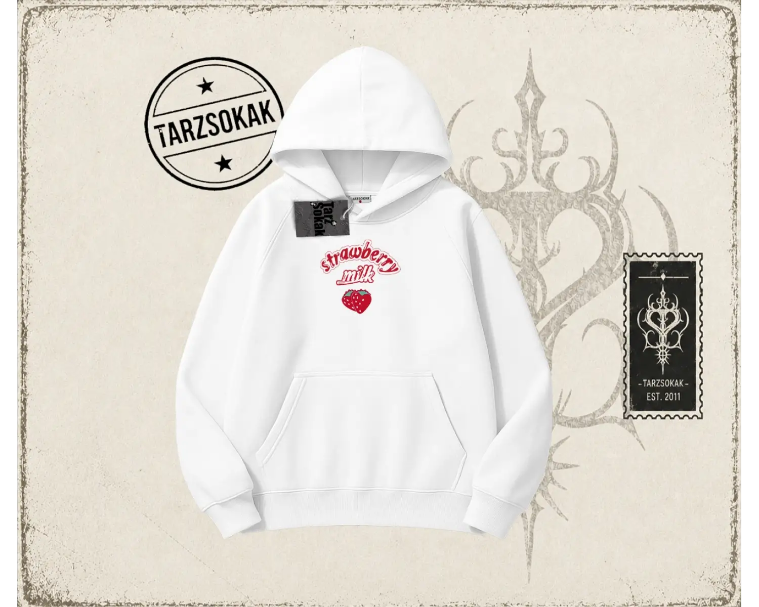 Unisex Strawberry Milk Oversize Unisex Kapşonlu Sweatshirt Beyaz
