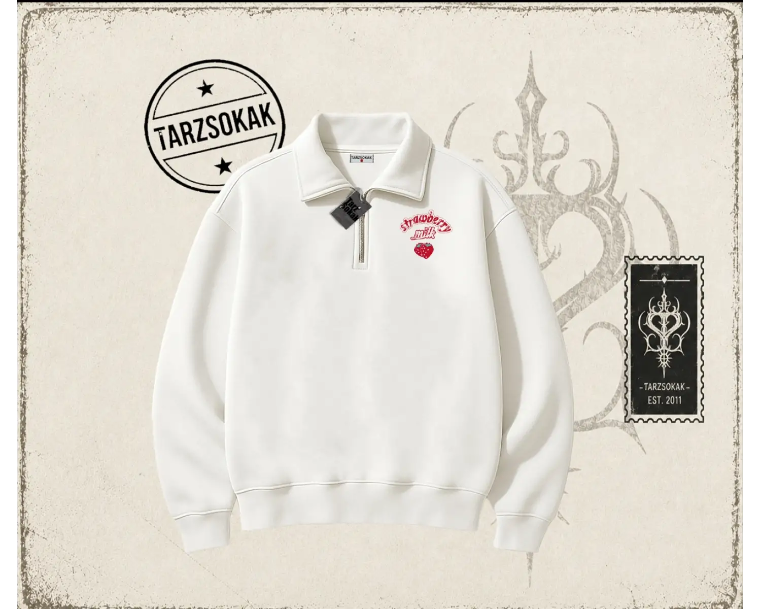 Unisex Strawberry Milk Unisex Polo Yaka Yarım Fermuarlı Sweatshirt Beyaz