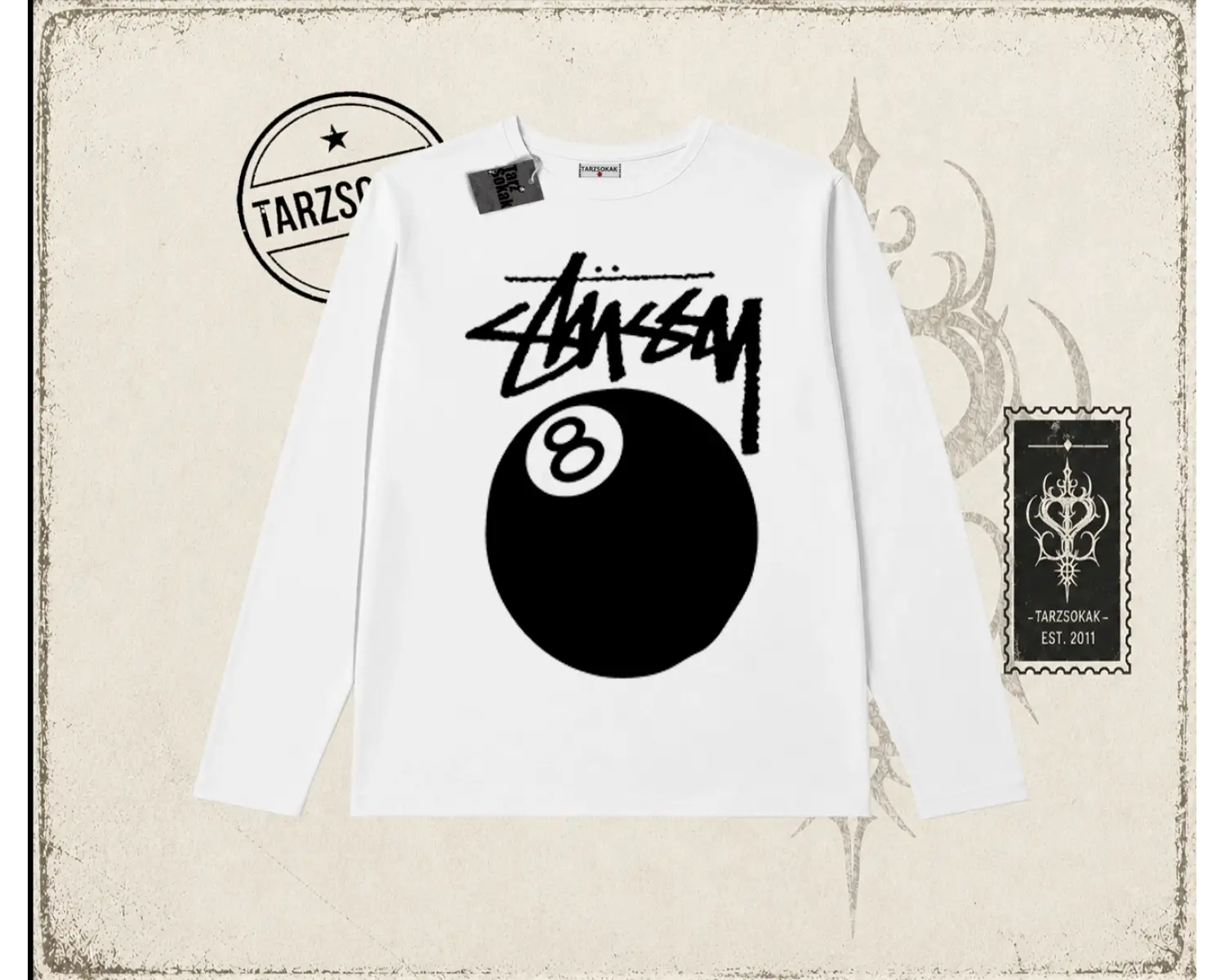 Unisex Stüssy 8Ball Biskilet Yaka  Long Sleeve Beyaz