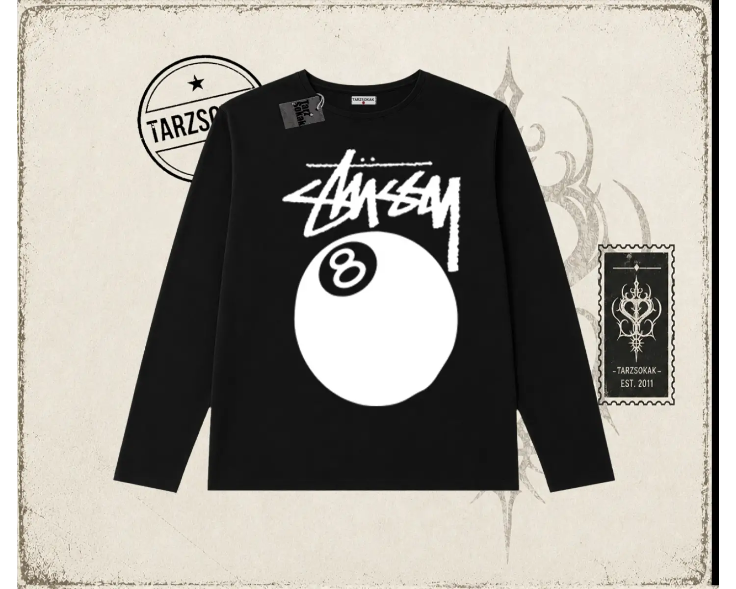 Unisex Stüssy 8Ball Biskilet Yaka  Long Sleeve Beyaz