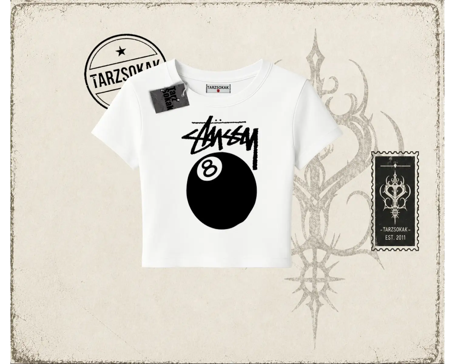 Unisex Stüssy 8Ball Kadın Baby Tee Beyaz