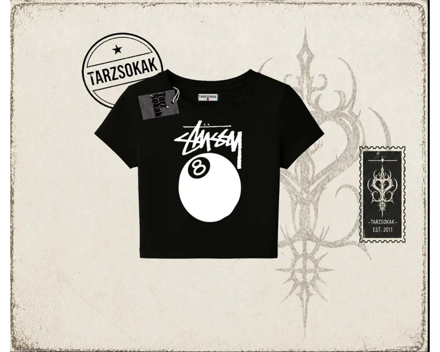Unisex Stüssy 8Ball Kadın Baby Tee Beyaz
