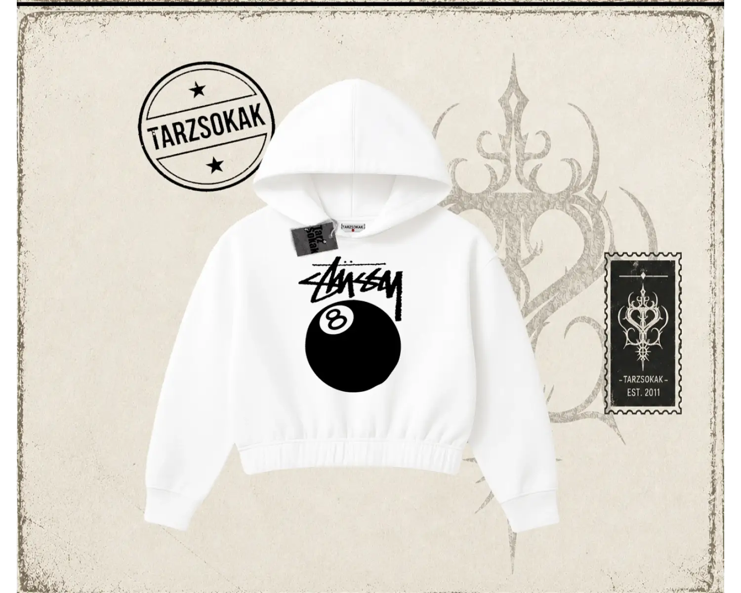 Unisex Stüssy 8Ball Kadın Crop Kapşonlu Sweatshirt Beyaz