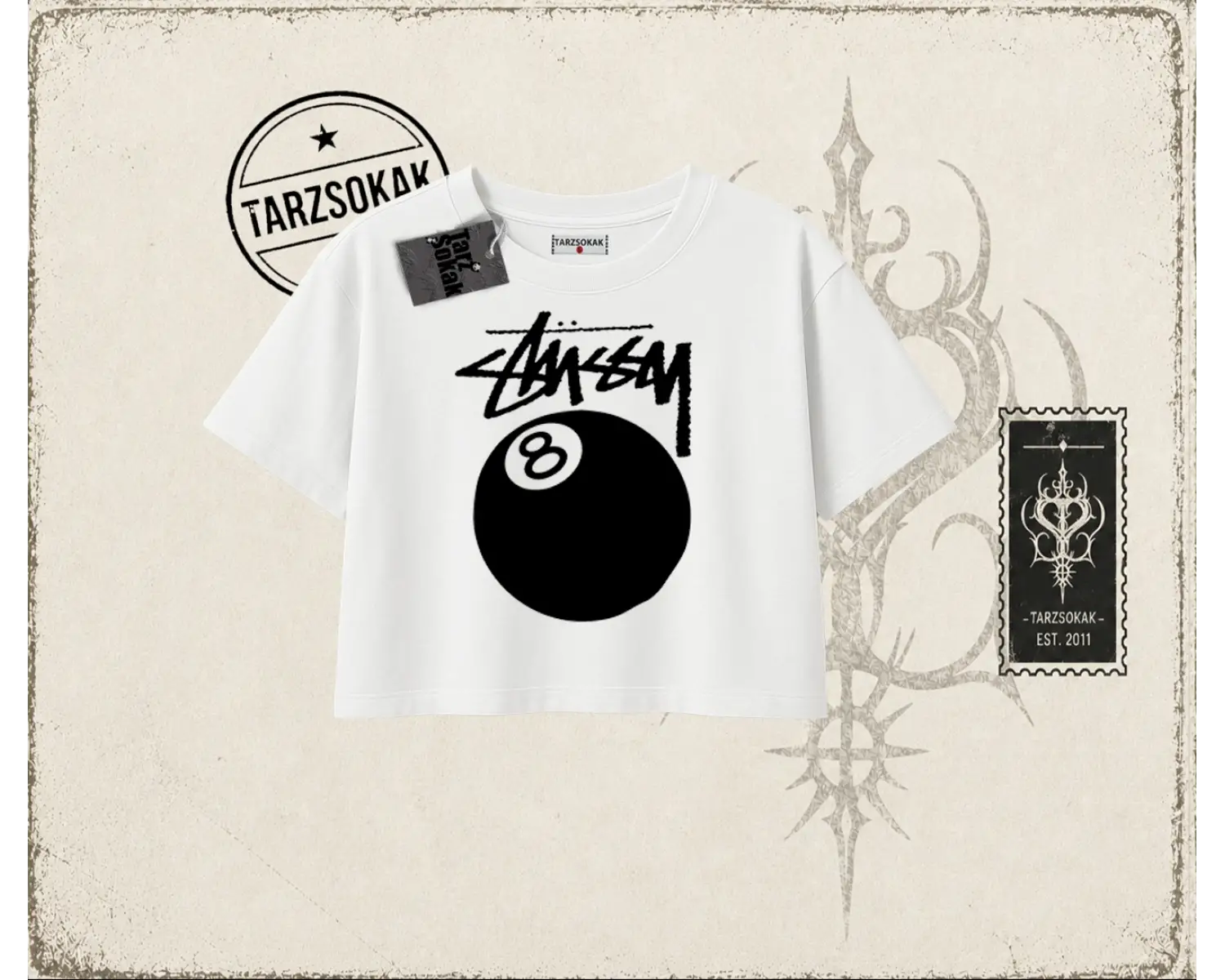 Unisex Stüssy 8Ball Kadın Crop Tişört Beyaz