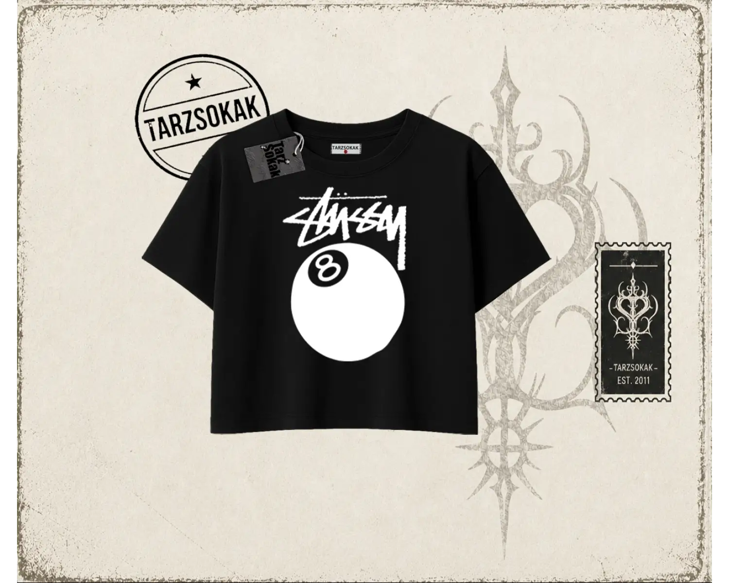 Unisex Stüssy 8Ball Kadın Crop Tişört Beyaz