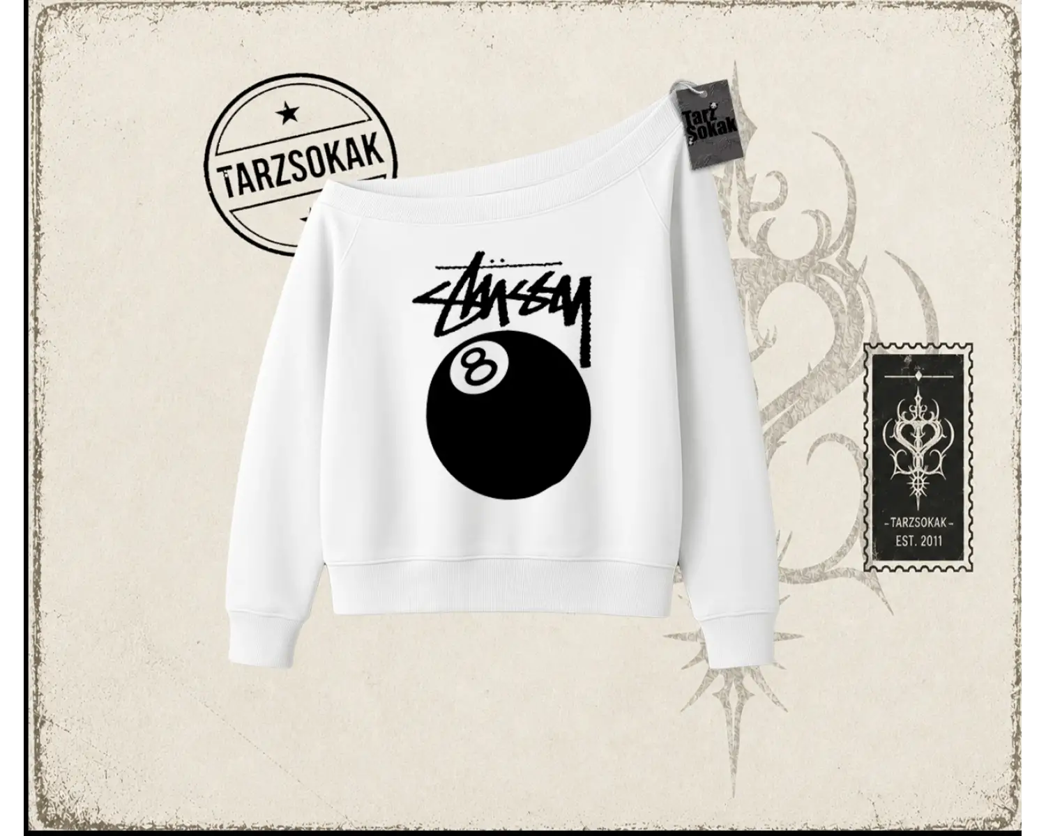 Unisex Stüssy 8Ball Kadın Kayık Yaka Sweatshirt Beyaz