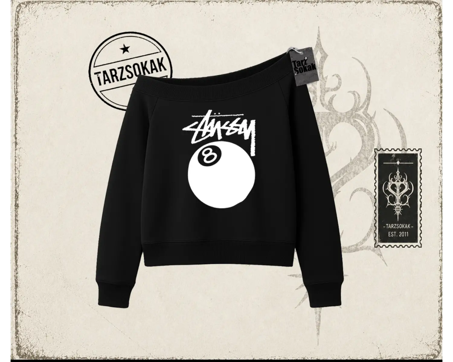 Unisex Stüssy 8Ball Kadın Kayık Yaka Sweatshirt Beyaz