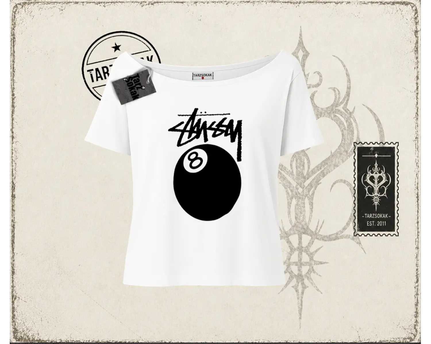 Unisex Stüssy 8Ball Kadın Kayık Yaka Tişört Beyaz