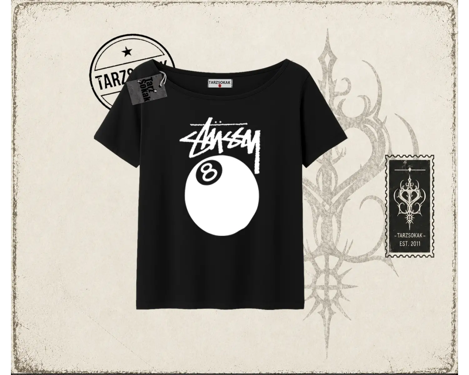 Unisex Stüssy 8Ball Kadın Kayık Yaka Tişört Beyaz