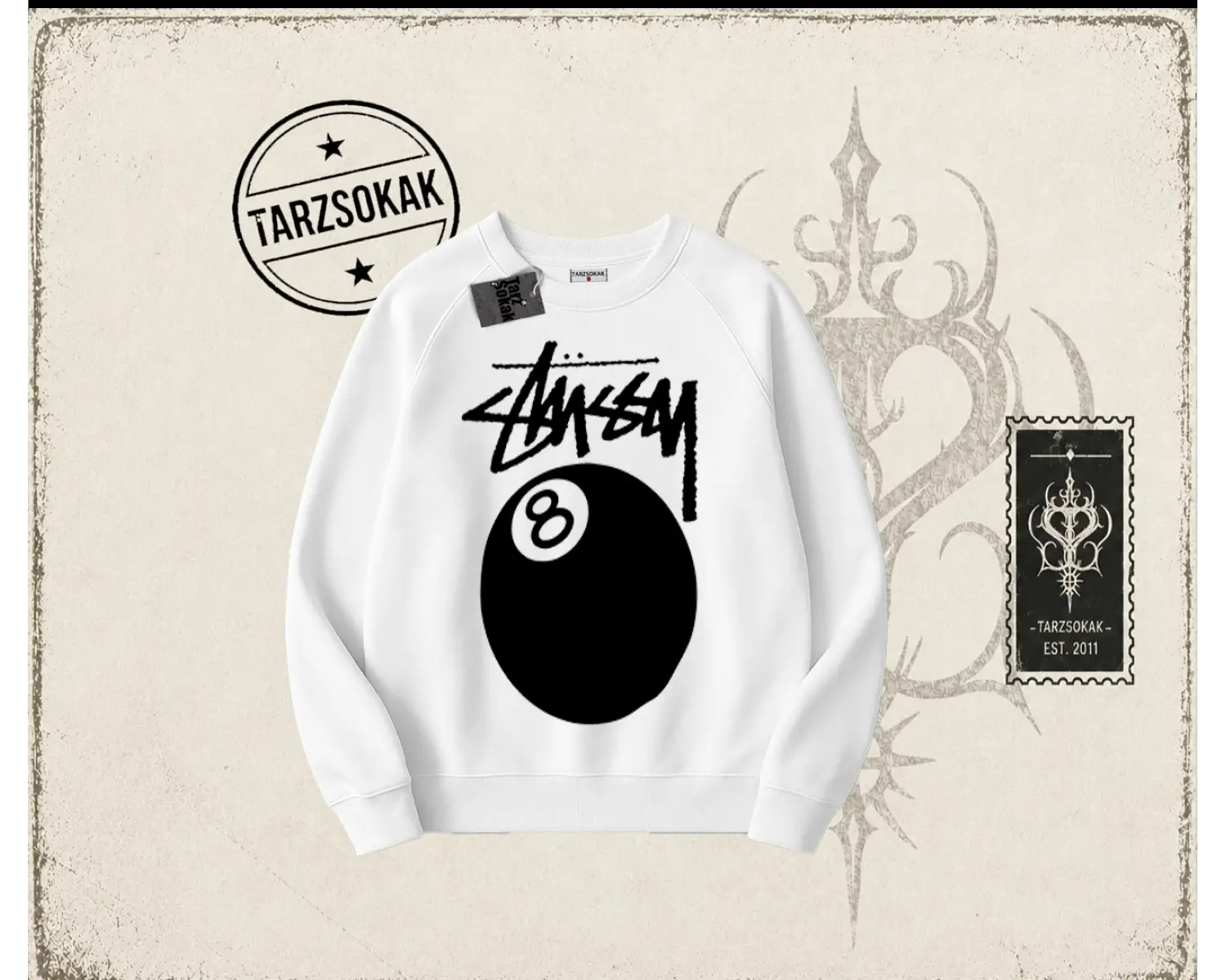 Unisex Stüssy 8Ball Oversize Unisex Bisiklet Yaka Sweatshirt Beyaz