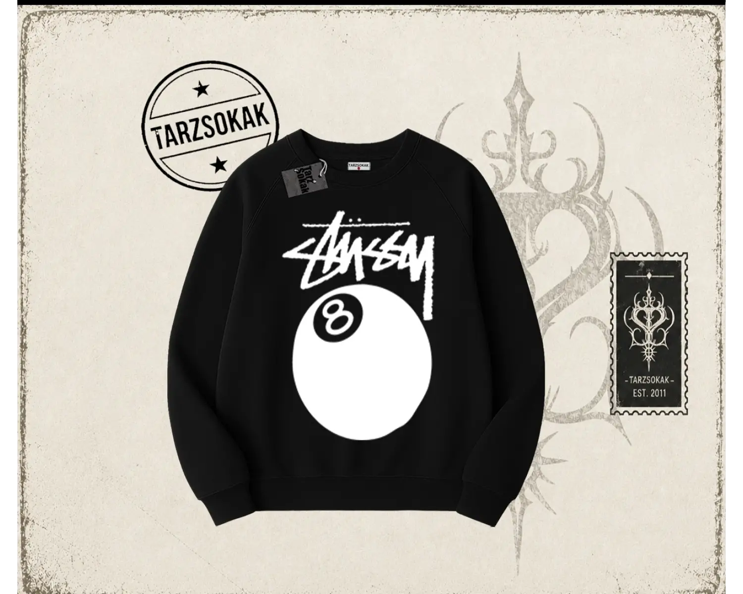 Unisex Stüssy 8Ball Oversize Unisex Bisiklet Yaka Sweatshirt Beyaz