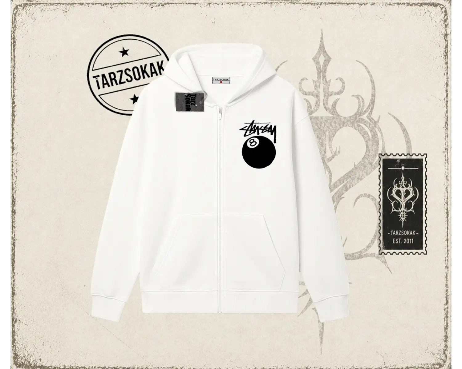 Unisex Stüssy 8Ball Oversize Unisex Hırka & Çeket Fermuarlı Sweatshirt Beyaz