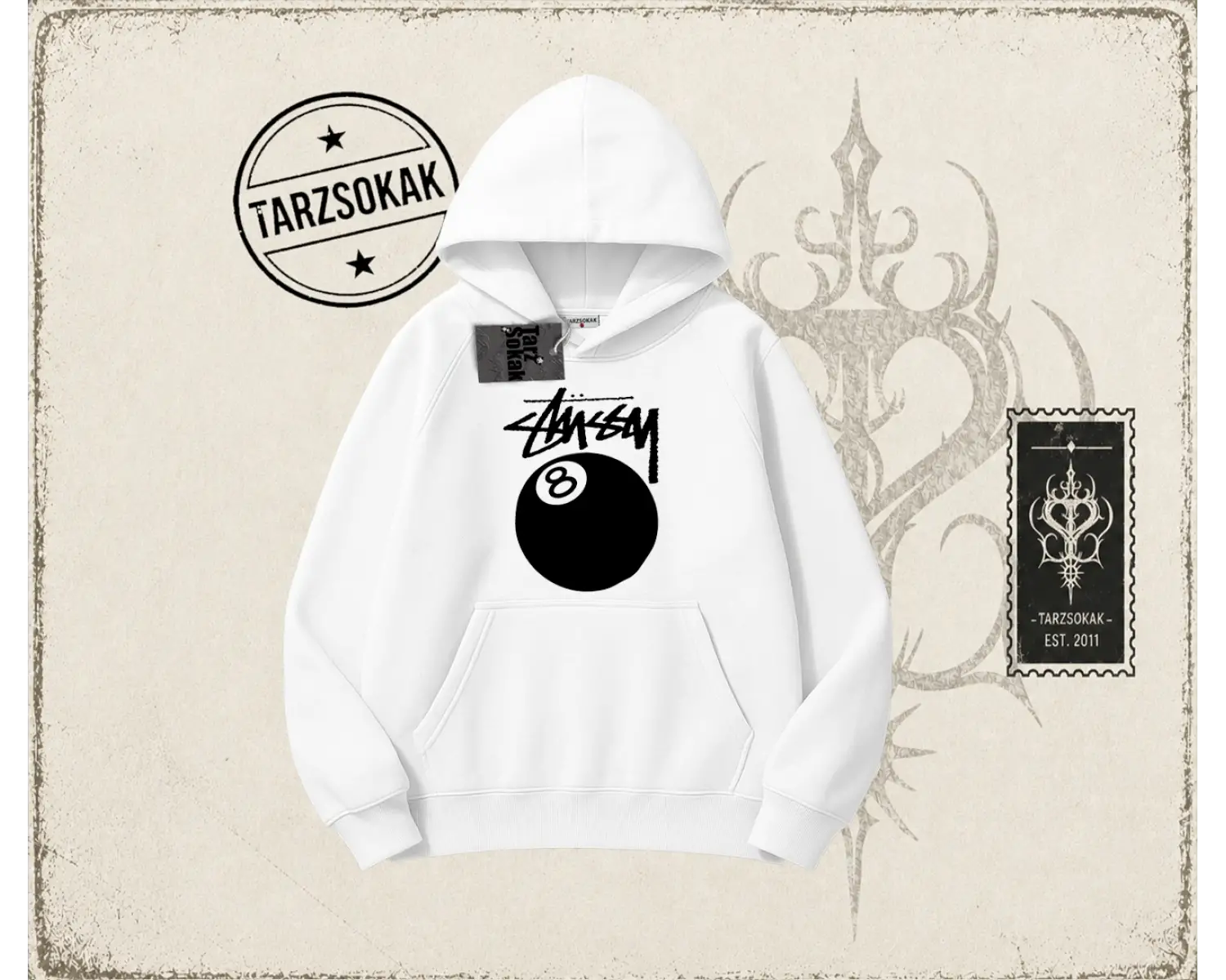 Unisex Stüssy 8Ball Oversize Unisex Kapşonlu Sweatshirt Beyaz