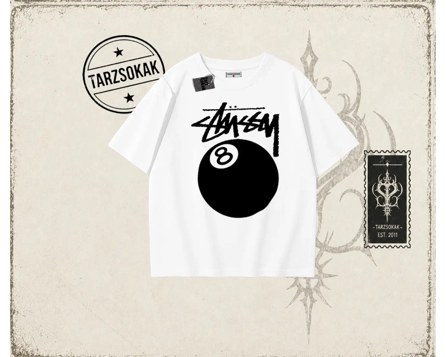 Unisex Stüssy 8Ball Oversize Unisex Tişört Beyaz